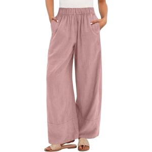 imageANRABESS Womens Wide Leg Linen Pants Summer Boho Casual Elastic Waist Long Lounge Travel Pants Trousers with PocketsPink