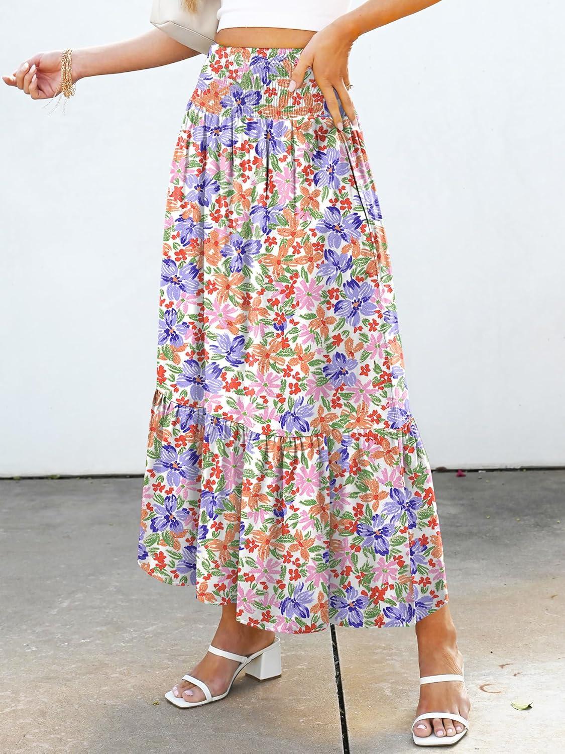 imageANRABESS Maxi Skirts for Women 2026 Summer Boho Long Flowy Floral Elastic High Waist Skirt Casual Travel Skirt with PocketsMulticolored Floral