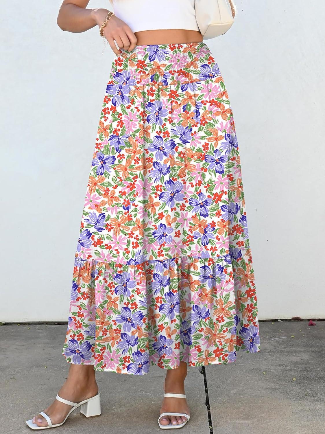 imageANRABESS Maxi Skirts for Women 2026 Summer Boho Long Flowy Floral Elastic High Waist Skirt Casual Travel Skirt with PocketsMulticolored Floral