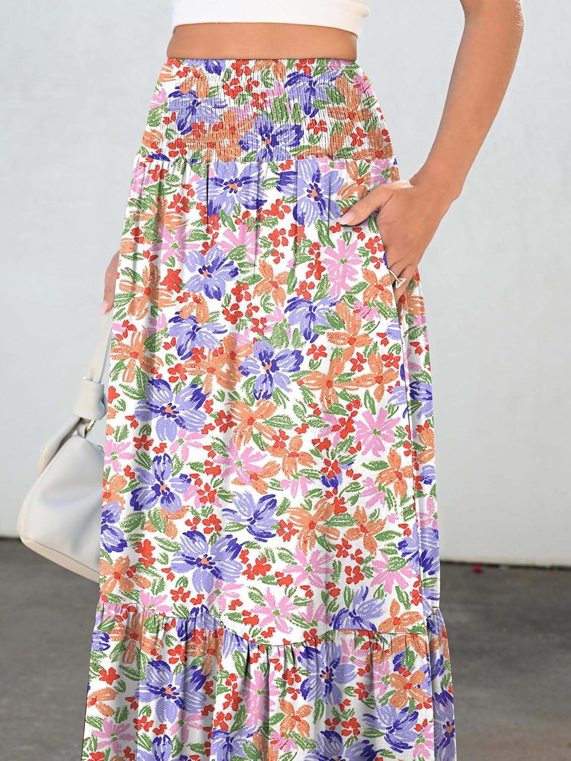 imageANRABESS Maxi Skirts for Women 2026 Summer Boho Long Flowy Floral Elastic High Waist Skirt Casual Travel Skirt with PocketsMulticolored Floral