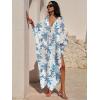 imageANRABESS Women Kaftan Moo Moos Dresses Floral Batwing Sleeve V Neck Beach Swimsuit Cover Up Caftan Maxi DressBlue Leaves