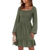 imageANRABESS Womens Long Lantern Sleeve Square Neck Dress Smocked Tiered High Waist Ruffle Flowy Swing 2026 Spring Short DressesArmy Green