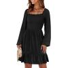 imageANRABESS Womens Long Lantern Sleeve Square Neck Dress Smocked Tiered High Waist Ruffle Flowy Swing 2026 Spring Short DressesBlack