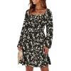 imageANRABESS Womens Long Lantern Sleeve Square Neck Dress Smocked Tiered High Waist Ruffle Flowy Swing 2026 Spring Short DressesBlack Floral