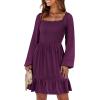 imageANRABESS Womens Long Lantern Sleeve Square Neck Dress Smocked Tiered High Waist Ruffle Flowy Swing 2026 Spring Short DressesDeep Purple