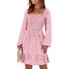 imageANRABESS Womens Long Lantern Sleeve Square Neck Dress Smocked Tiered High Waist Ruffle Flowy Swing 2026 Spring Short DressesFloral Pink