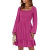 imageANRABESS Womens Long Lantern Sleeve Square Neck Dress Smocked Tiered High Waist Ruffle Flowy Swing 2026 Spring Short DressesHot Pink