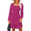 imageANRABESS Womens Long Lantern Sleeve Square Neck Dress Smocked Tiered High Waist Ruffle Flowy Swing 2026 Spring Short DressesHot Pink
