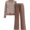 imageANRABESS Womens 2 Piece Outfits Crochet Sheer Knit Sweater Top Wide Leg Pants Lounge Set Sweatsuit 2026 Spring Travel ClothesBrown