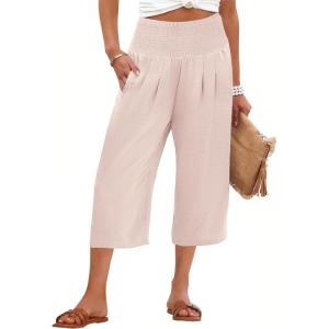 imageANRABESS Capris Pants for Women Summer Casual Loose Flowy High Waisted Smocked Palazzo 2026 Lounge Beach Cropped Trousers