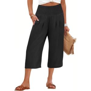 imageANRABESS Capris Pants for Women Summer Casual Loose Flowy High Waisted Smocked Palazzo 2026 Lounge Beach Cropped TrousersBlack