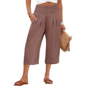 imageANRABESS Capris Pants for Women Summer Casual Loose Flowy High Waisted Smocked Palazzo 2026 Lounge Beach Cropped TrousersBrown