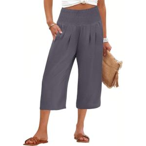 imageANRABESS Capris Pants for Women Summer Casual Loose Flowy High Waisted Smocked Palazzo 2026 Lounge Beach Cropped TrousersDark Gray