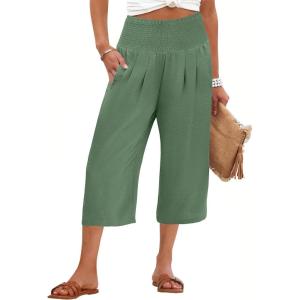 imageANRABESS Capris Pants for Women Summer Casual Loose Flowy High Waisted Smocked Palazzo 2026 Lounge Beach Cropped TrousersGrass Green