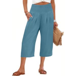 imageANRABESS Capris Pants for Women Summer Casual Loose Flowy High Waisted Smocked Palazzo 2026 Lounge Beach Cropped TrousersLake