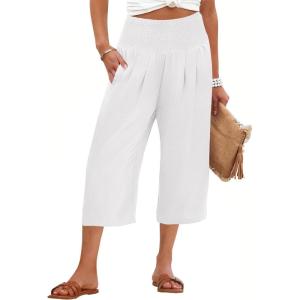 imageANRABESS Capris Pants for Women Summer Casual Loose Flowy High Waisted Smocked Palazzo 2026 Lounge Beach Cropped TrousersWhite