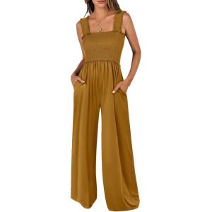 imageANRABESS Jumpsuits for Women Dressy Casual Smocked Sleeveless Wide Leg Longe Rompers One Piece 2026 Summer Vacation OutfitsBrownish Yellow
