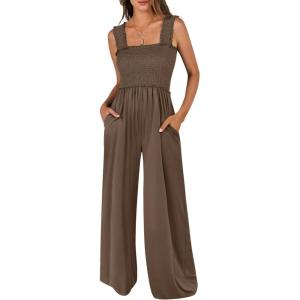 imageANRABESS Jumpsuits for Women Dressy Casual Smocked Sleeveless Wide Leg Longe Rompers One Piece 2026 Summer Vacation OutfitsCoffee