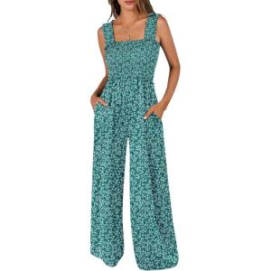 imageANRABESS Jumpsuits for Women Dressy Casual Smocked Sleeveless Wide Leg Longe Rompers One Piece 2026 Summer Vacation OutfitsDeep Green Floral