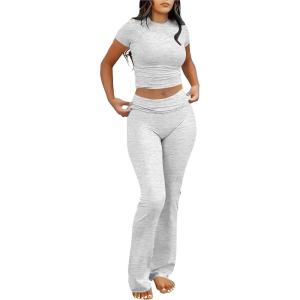 imageANRABESS Lounge Sets for Women 2 Piece Foldover Yoga Flare Leggings Pants Crop Tops Casual Y2K Outfits Matching Tracksuit SetLight Grey