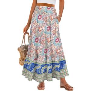 imageANRABESS Maxi Skirts for Women 2026 Summer Boho Long Flowy Floral Elastic High Waist Skirt Casual Travel Skirt with PocketsApricot