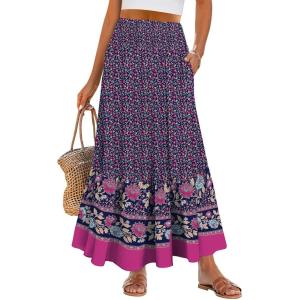 imageANRABESS Maxi Skirts for Women 2026 Summer Boho Long Flowy Floral Elastic High Waist Skirt Casual Travel Skirt with PocketsDeep Purple Floral