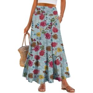 imageANRABESS Maxi Skirts for Women 2026 Summer Boho Long Flowy Floral Elastic High Waist Skirt Casual Travel Skirt with PocketsGreen Floral