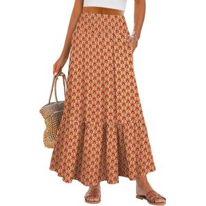 imageANRABESS Maxi Skirts for Women 2026 Summer Boho Long Flowy Floral Elastic High Waist Skirt Casual Travel Skirt with PocketsOrange
