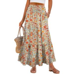 imageANRABESS Maxi Skirts for Women 2026 Summer Boho Long Flowy Floral Elastic High Waist Skirt Casual Travel Skirt with PocketsOrange Red Floral