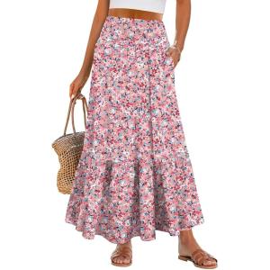 imageANRABESS Maxi Skirts for Women 2026 Summer Boho Long Flowy Floral Elastic High Waist Skirt Casual Travel Skirt with PocketsPink Floral