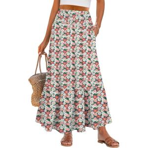 imageANRABESS Maxi Skirts for Women 2026 Summer Boho Long Flowy Floral Elastic High Waist Skirt Casual Travel Skirt with PocketsWhite Pink Floral