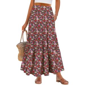 imageANRABESS Maxi Skirts for Women 2026 Summer Boho Long Flowy Floral Elastic High Waist Skirt Casual Travel Skirt with PocketsWhite Red Floral