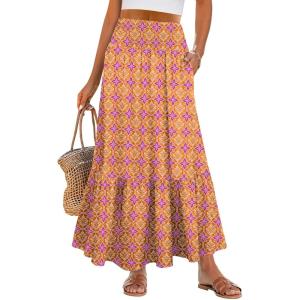 imageANRABESS Maxi Skirts for Women 2026 Summer Boho Long Flowy Floral Elastic High Waist Skirt Casual Travel Skirt with PocketsYellow Purple Floral