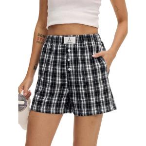 imageANRABESS Shorts for Women 2026 Summer Casual Lounge Pajama Sleep Gingham Boxer Shorts Soft Comfy Beach Pj Bottoms PocketsBlack White Plaid