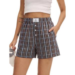 imageANRABESS Shorts for Women 2026 Summer Casual Lounge Pajama Sleep Gingham Boxer Shorts Soft Comfy Beach Pj Bottoms PocketsBrown Grey Plaid