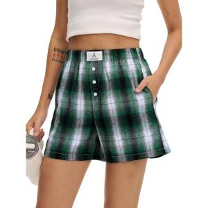 imageANRABESS Shorts for Women 2026 Summer Casual Lounge Pajama Sleep Gingham Boxer Shorts Soft Comfy Beach Pj Bottoms PocketsGreen Black Plaid