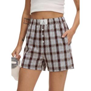 imageANRABESS Shorts for Women 2026 Summer Casual Lounge Pajama Sleep Gingham Boxer Shorts Soft Comfy Beach Pj Bottoms PocketsMulti Apricot Plaid