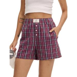 imageANRABESS Shorts for Women 2026 Summer Casual Lounge Pajama Sleep Gingham Boxer Shorts Soft Comfy Beach Pj Bottoms PocketsRed Grey Plaid
