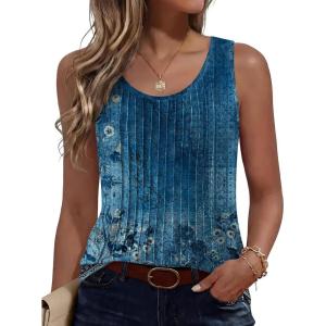 imageANRABESS Tank Top for Women 2026 Summer Casual Sleeveless Scoop Neck Pleated Dressy Shirts Cute Beach Vacation ClothesFloral Dark Blue