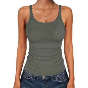 imageANRABESS Tank Top for Womens Summer 2026 Scoop Neck Sleeveless Ribbed Knit Workout Basic Tees Slim Fitted Cami ShirtsArmy Green