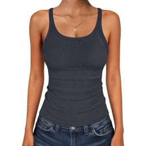 imageANRABESS Tank Top for Womens Summer 2026 Scoop Neck Sleeveless Ribbed Knit Workout Basic Tees Slim Fitted Cami ShirtsCharcoal