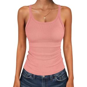 imageANRABESS Tank Top for Womens Summer 2026 Scoop Neck Sleeveless Ribbed Knit Workout Basic Tees Slim Fitted Cami ShirtsCoral
