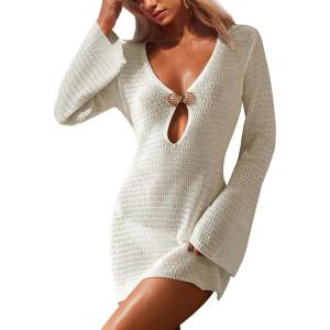 imageANRABESS Women Beach Cover Ups 2026 Summer Crochet Knit Swimwear Mesh Bathing Suit Hollow Out Dress Swimsuit Vacation ClothesBeige