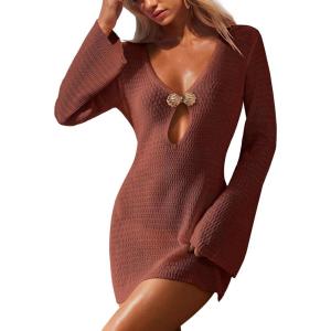 imageANRABESS Women Beach Cover Ups 2026 Summer Crochet Knit Swimwear Mesh Bathing Suit Hollow Out Dress Swimsuit Vacation ClothesBrick Red