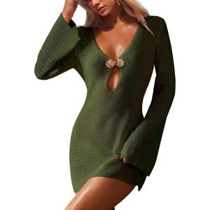 imageANRABESS Women Beach Cover Ups 2026 Summer Crochet Knit Swimwear Mesh Bathing Suit Hollow Out Dress Swimsuit Vacation ClothesGreen