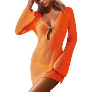 imageANRABESS Women Beach Cover Ups 2026 Summer Crochet Knit Swimwear Mesh Bathing Suit Hollow Out Dress Swimsuit Vacation ClothesOrange