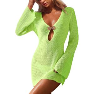 imageANRABESS Women Beach Cover Ups 2026 Summer Crochet Knit Swimwear Mesh Bathing Suit Hollow Out Dress Swimsuit Vacation ClothesPea Green