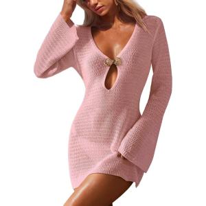 imageANRABESS Women Beach Cover Ups 2026 Summer Crochet Knit Swimwear Mesh Bathing Suit Hollow Out Dress Swimsuit Vacation ClothesPink