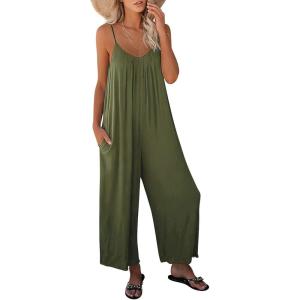imageANRABESS Women Jumpsuits 2026 Casual Sleeveless Spaghetti Strap Boho Wide Leg Rompers Summer Outfits Beach Vacation ClothesArmygreen