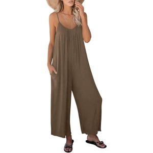 imageANRABESS Women Jumpsuits 2026 Casual Sleeveless Spaghetti Strap Boho Wide Leg Rompers Summer Outfits Beach Vacation ClothesBrown